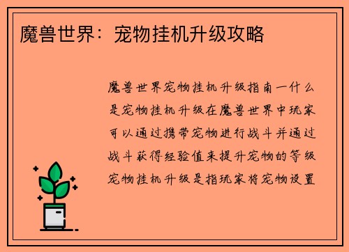 魔兽世界：宠物挂机升级攻略